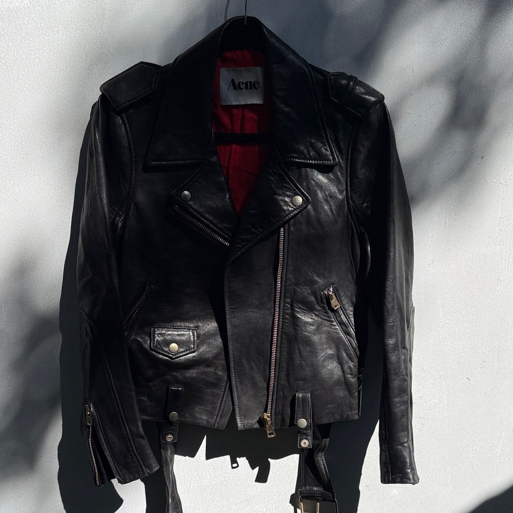 Acne Black Leather Jacket with Red Lining